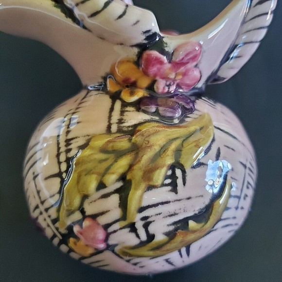 Hull Blossom Flight Pink Pottery Pitcher Basket Weave Pattern Ram's Horn Handle - Picture 2 of 9